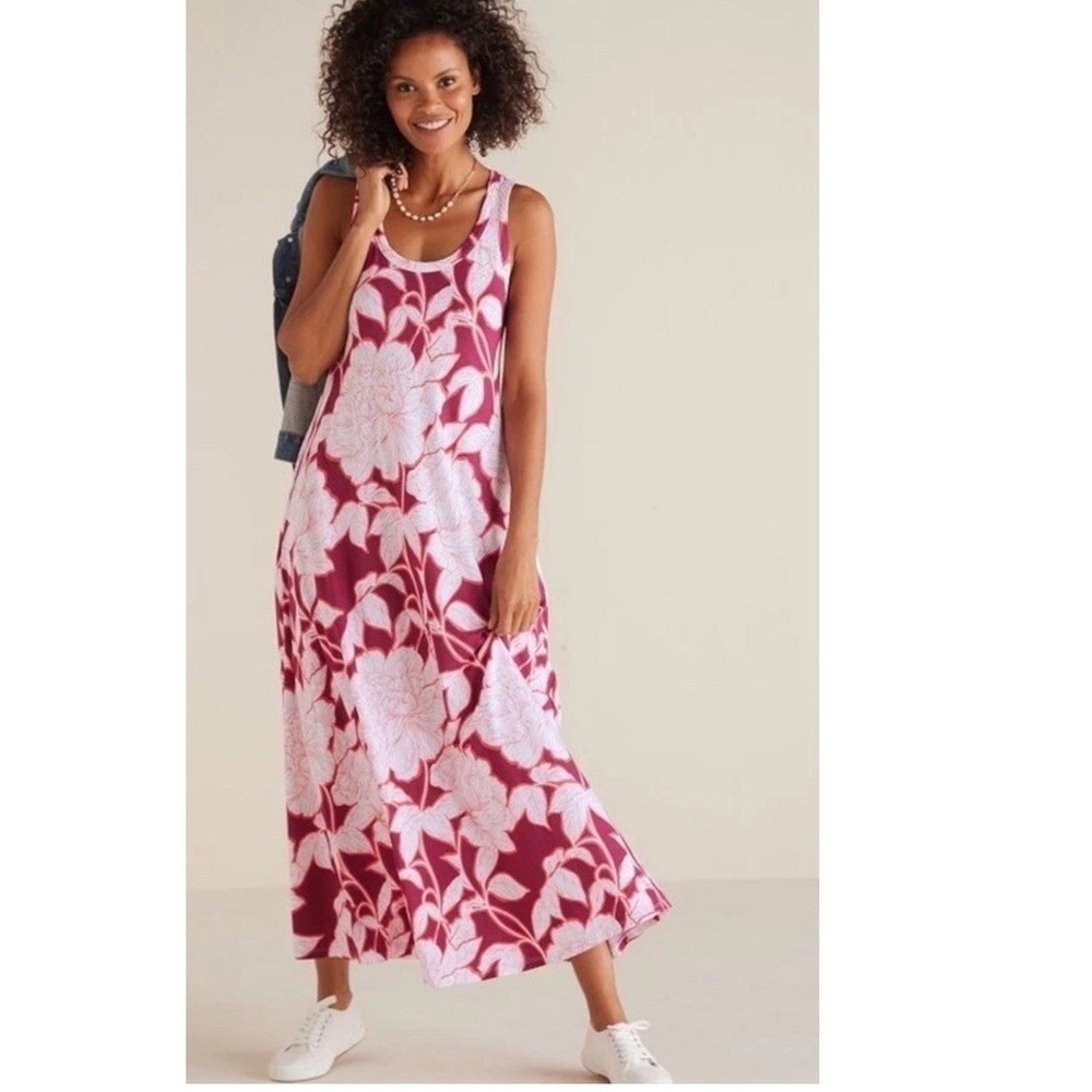 Soft Surroundings Santiago Dress Rose Floral Pink Cotton Modal Maxi Dress XS New
